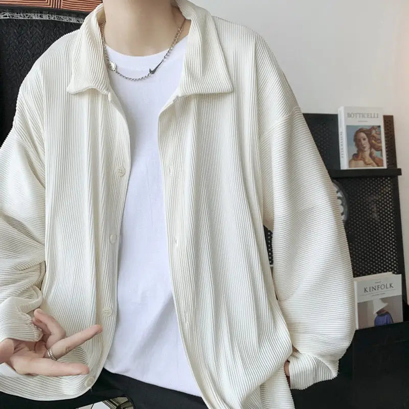 Korean Loose Long Sleeve Pleated Shirts - white / M