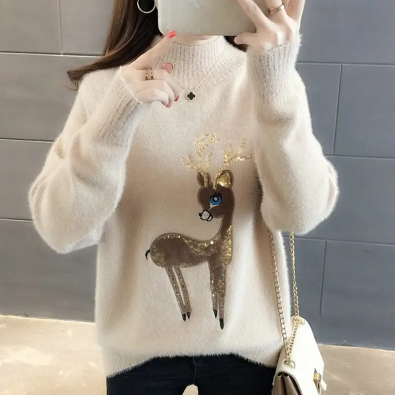 Korean Reindeer Ugly Christmas Sweater - Beige / M