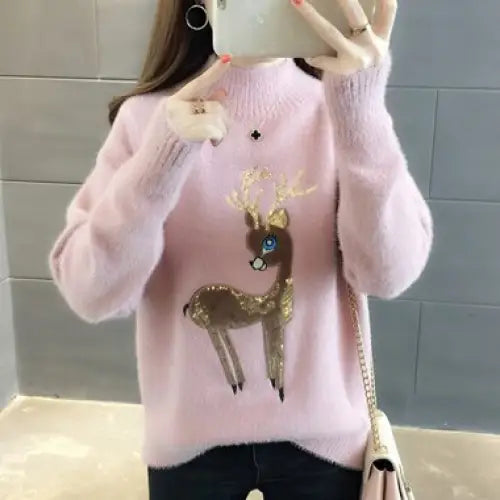 Korean Reindeer Ugly Christmas Sweater - Pink / M