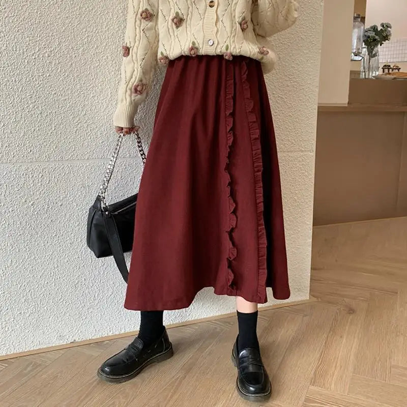 Korean Style Dark Gothic Ruffle Skirt - Red / L