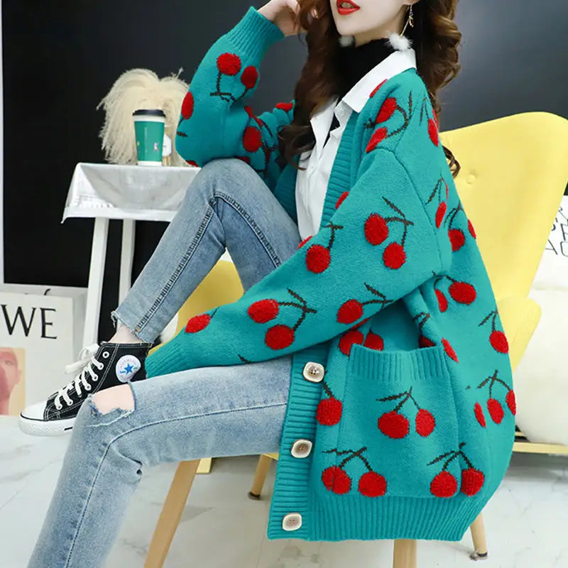 Korean Style Knitted Cherry Fruit Sweater for Women XL