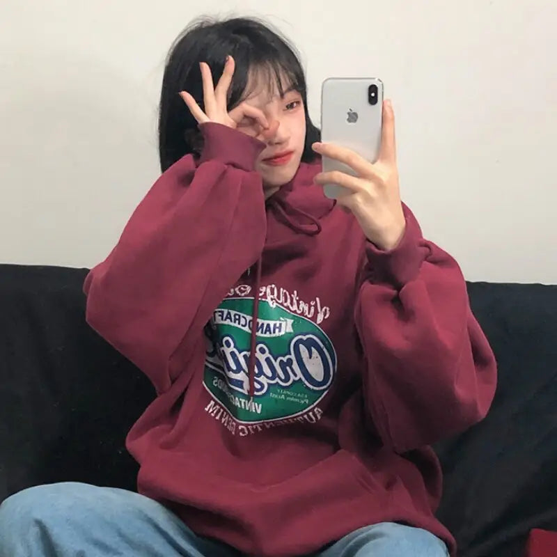 Korean Style Loose Hoodie with Heart Finger Design red / XXL