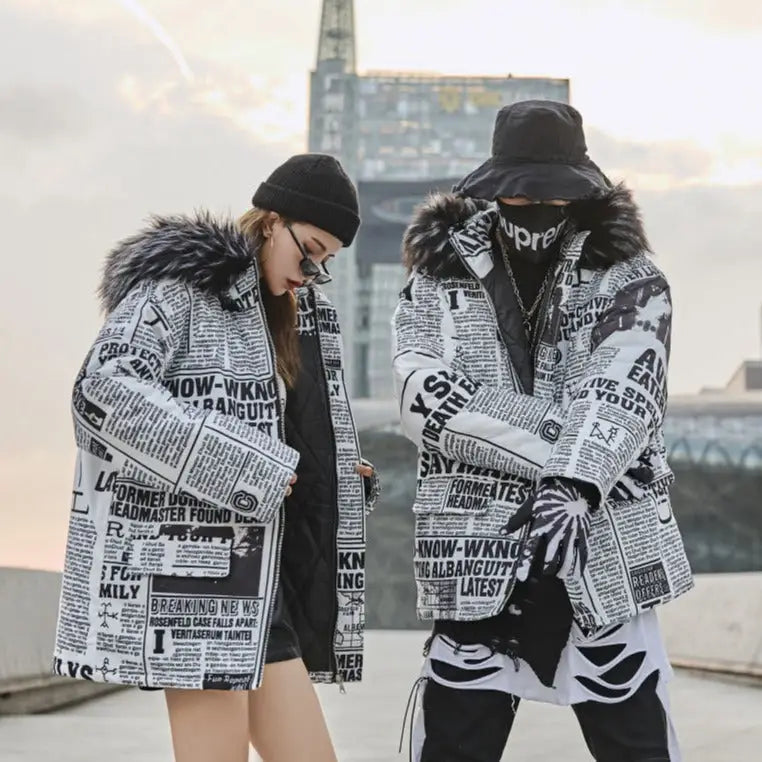 Korean Style Newspaper Printed Winter Coat