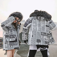 Korean Style Newspaper Printed Winter Coat