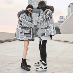 Korean Style Newspaper Printed Winter Coat