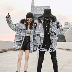 Korean Style Newspaper Printed Winter Coat