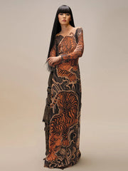 Korean Tigers Print Long Sleeve See Through Shirt