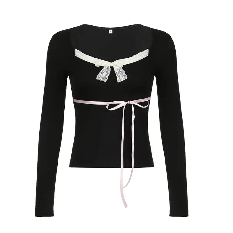 Lace Bow V-Neck Long Sleeve Coquette Shirt - Black / S - Top