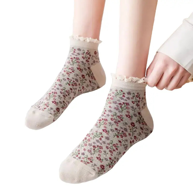 Lace Floral Cotton Socks - Beige / One Size