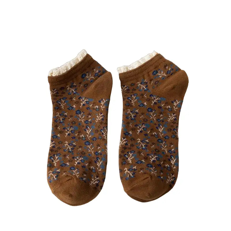 Lace Floral Cotton Socks - Brown / One Size