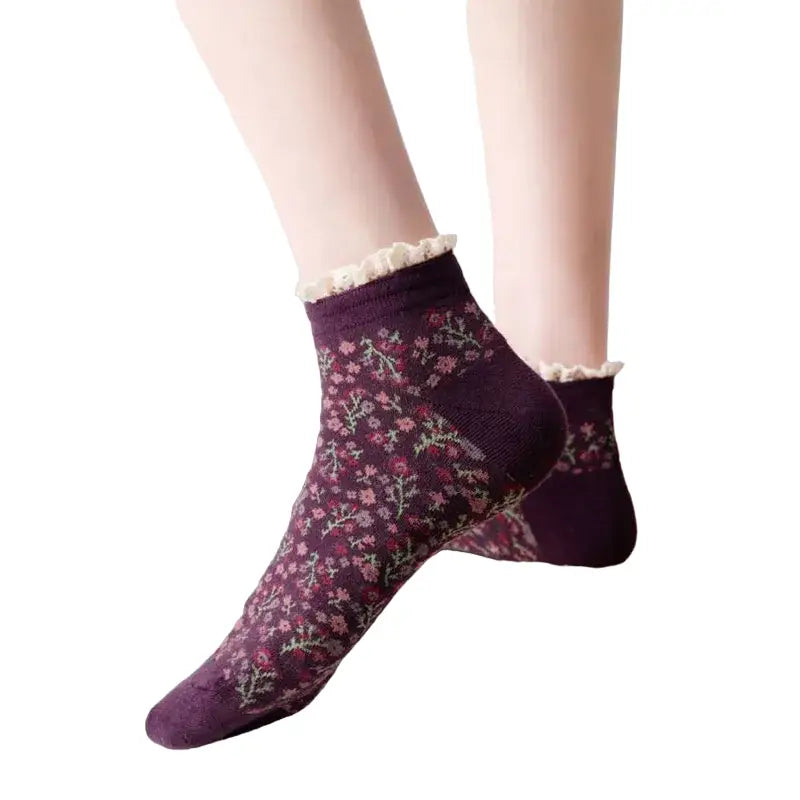 Lace Floral Cotton Socks - Purple / One Size