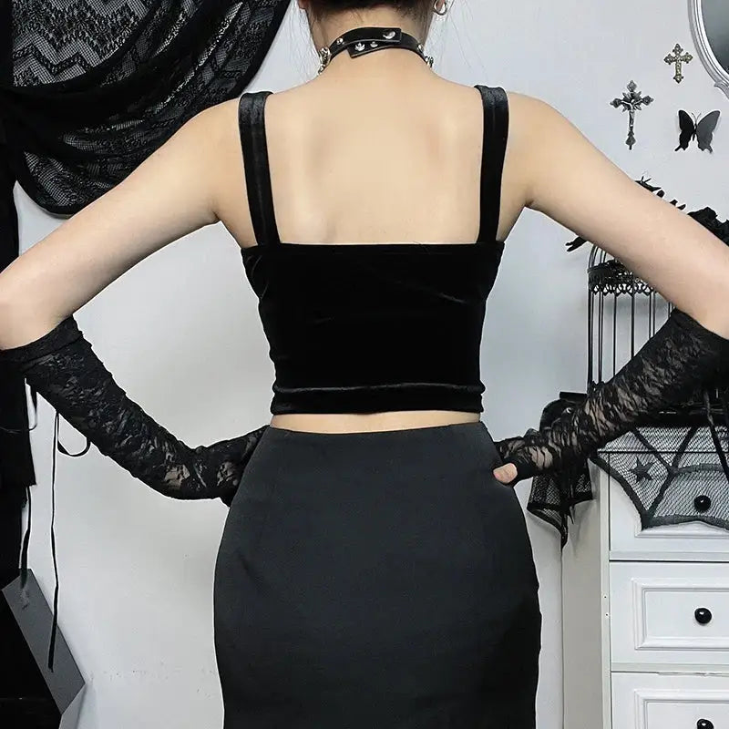 Lace Hollow Cross Detail Gothic Crop Top