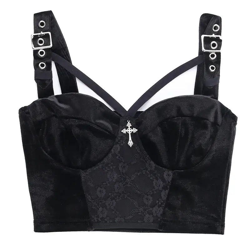 Lace Hollow Cross Detail Gothic Crop Top black / S
