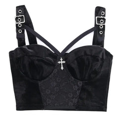 Lace Hollow Cross Detail Gothic Crop Top black / S