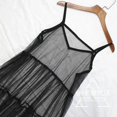 Lace Loose Transparent Spaghetti Strap Dress - Black
