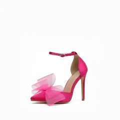 Lace Mesh Bow Closed Toe Thin High Stiletto - Shoes