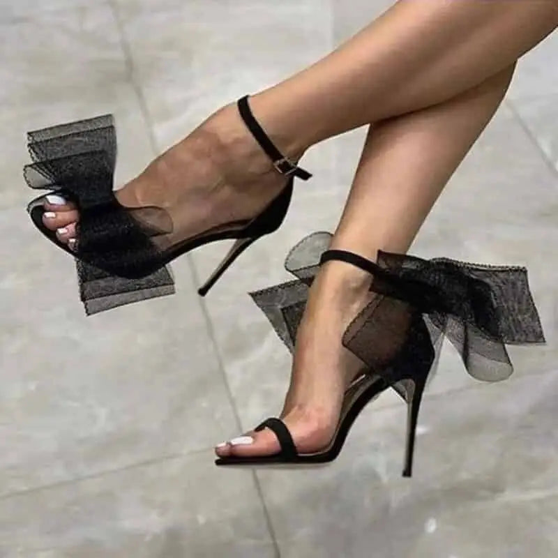 Lace Mesh Bow Open Toe Ankle Strap Thin High Heels - Black
