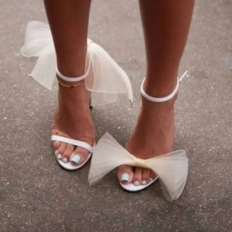 Lace Mesh Bow Open Toe Ankle Strap Thin High Heels - White