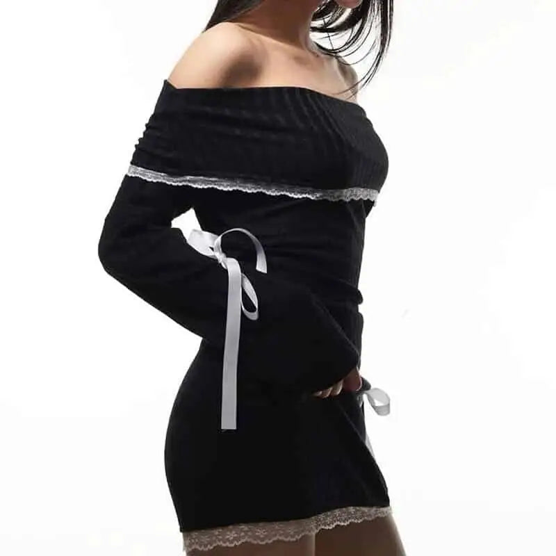 Lace Multi Bow Bandage Slash Neck Long Sleeve Dress - Mini