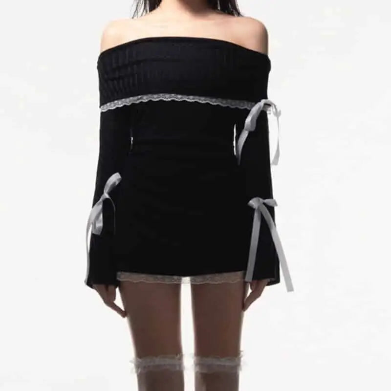 Lace Multi Bow Bandage Slash Neck Long Sleeve Dress - Mini