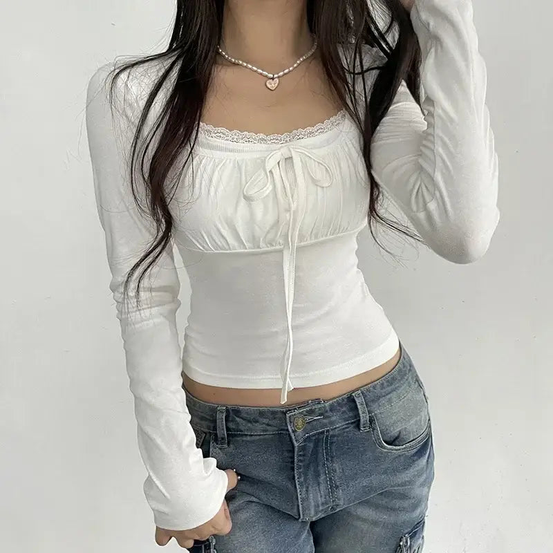 Lace Patched Slim Tee - crop top Blouse