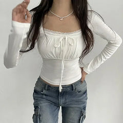 Lace Patched Slim Tee - crop top Blouse