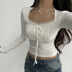 Lace Patched Slim Tee - crop top Blouse