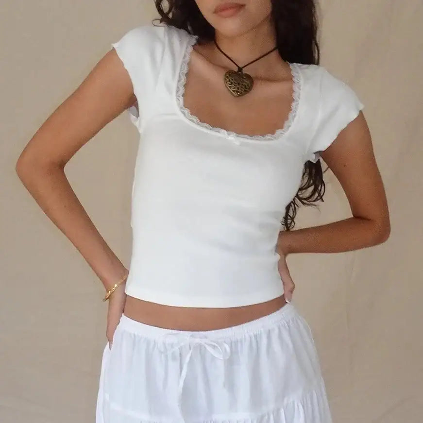 Lace Patchwork Square Neck Short Sleeve Blouse