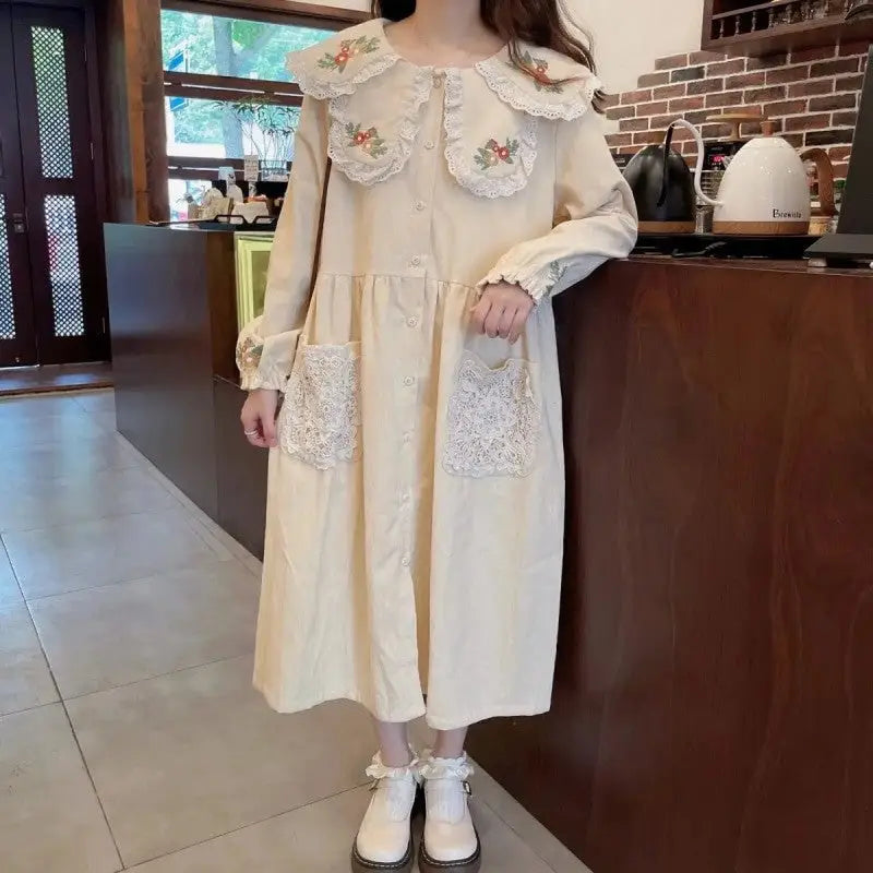 Lace Sweet Cute Corduroy Long Sleeve Dresses - Dress