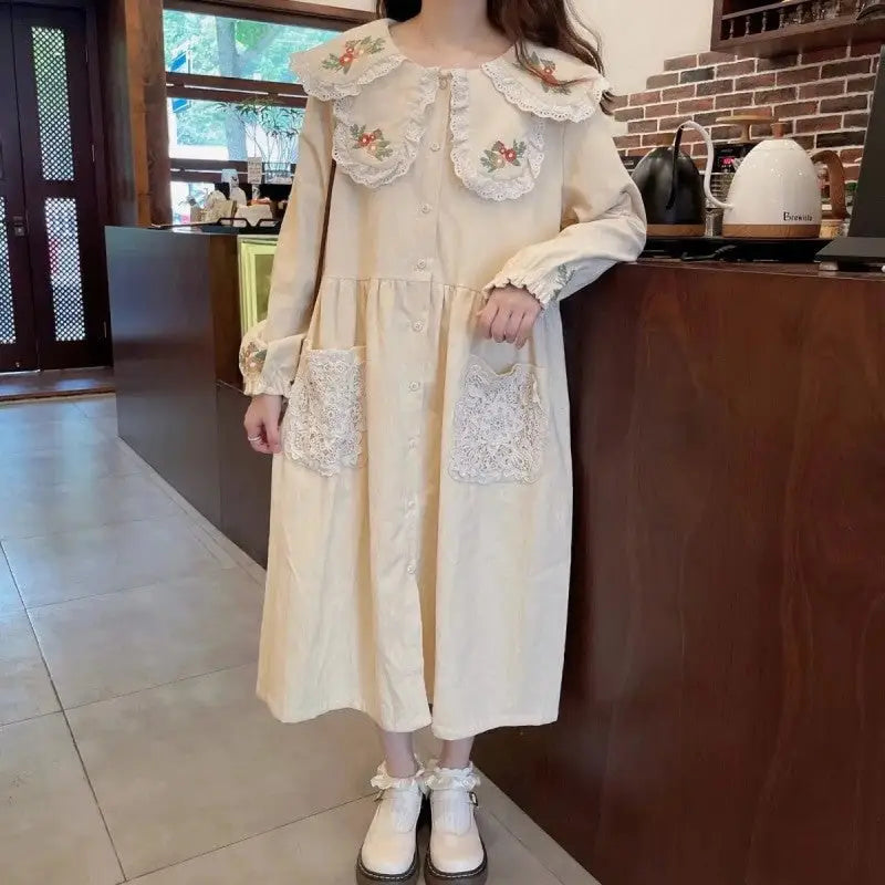 Lace Sweet Cute Corduroy Long Sleeve Dresses