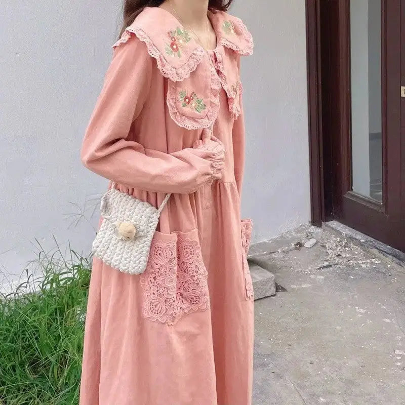 Lace Sweet Cute Corduroy Long Sleeve Dresses - Dress