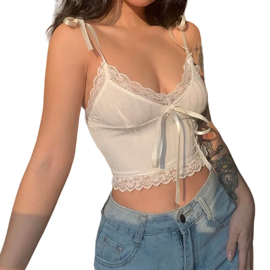 Lace Trim Bow Mini Knitted Basic Crop Top - White / S