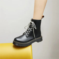 Lace Up Ankle Round Toe Low Chunky Boots