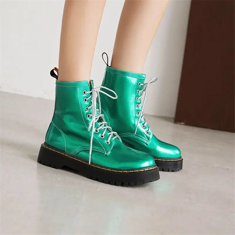 Lace Up Ankle Round Toe Low Chunky Boots