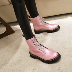 Lace Up Ankle Round Toe Low Chunky Boots