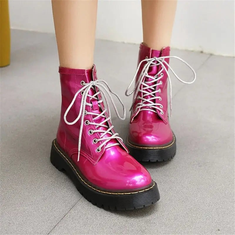 Lace Up Ankle Round Toe Low Chunky Boots