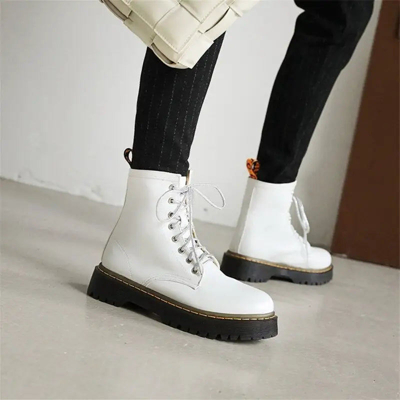 Lace Up Ankle Round Toe Low Chunky Boots