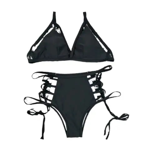 Lace-Up Bandage High Waist Bikini - Black / S