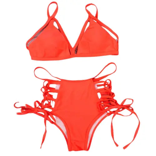 Lace-Up Bandage High Waist Bikini - Red / S