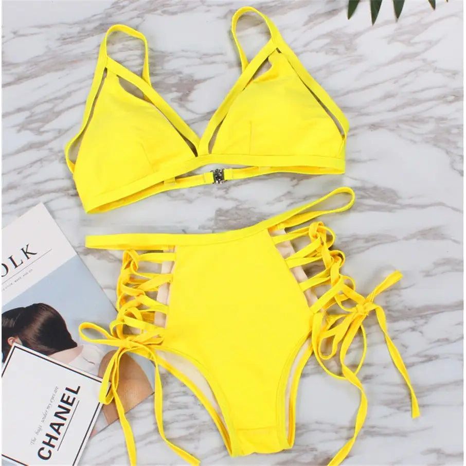 Lace-Up Bandage High Waist Bikini - Yellow / S