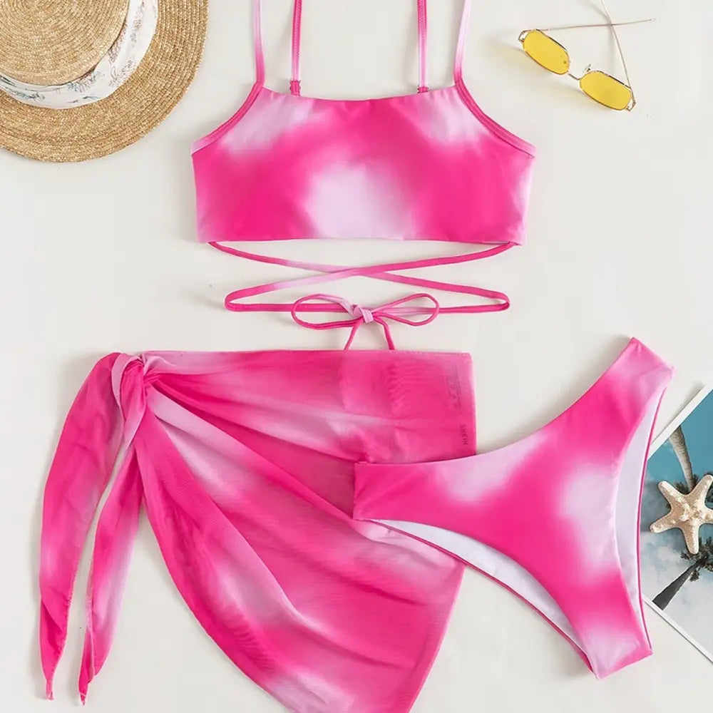 Lace-Up Bikini Set with Beach Skirt