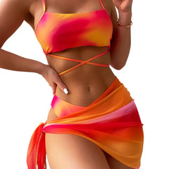 Lace-Up Bikini Set with Beach Skirt - Orange / S