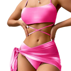 Lace-Up Bikini Set with Beach Skirt - Pink / S