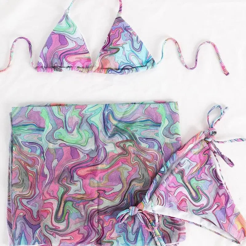 Lace-up Bikini Three-Piece Set Swimwear - Pink-Blue / S