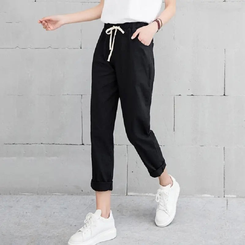 Lace-Up Long Ankle Length Trousers - Black / S