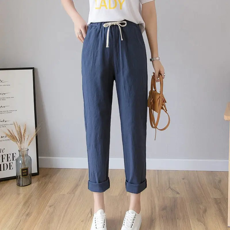 Lace-Up Long Ankle Length Trousers - Dark blue / S