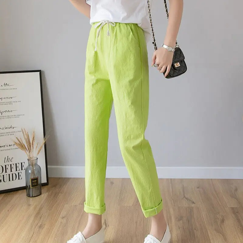 Lace-Up Long Ankle Length Trousers - Yellow Green / S