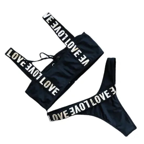 Lace Up Love Brazilian Bikini with Printed Straps Black / S