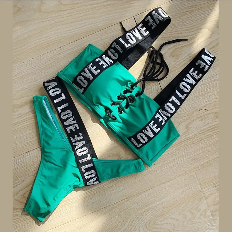 Lace Up Love Brazilian Bikini with Printed Straps Green / S