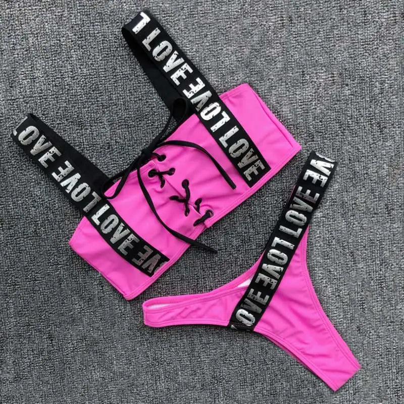 Lace Up Love Brazilian Bikini with Printed Straps Pink / S